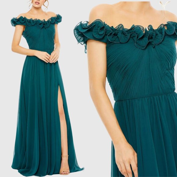 Mac Duggal 11591 Size 8 Teal Blue Ruched Off The Shoulder A-Line Gown Maxi Dress - Picture 1 of 3
